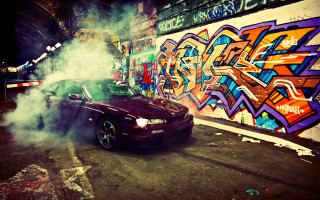 Car smoke graffiti wall parked - a graffiti free wallpaper