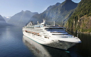 Cruise ship mountains trees water - art green free wallpaper