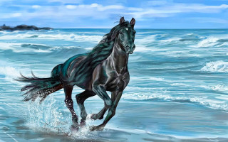 Horse running beach ocean water - a digital painting free wallpaper