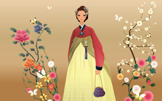 Woman floral butterflies chinese dress - a beige background free wallpaper