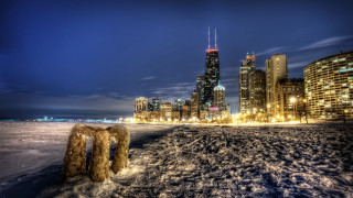 City skyline night snow people - the sidewalk free wallpaper