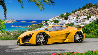Yellow sports car beach town - a blue ocean free wallpaper