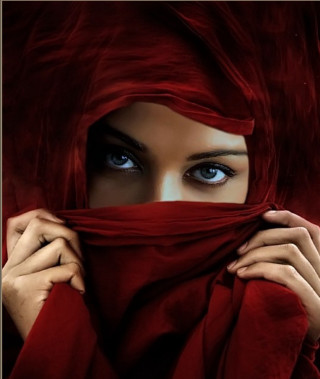 Woman blue eyes red scarf 2 - free cyberpunk wallpaper