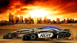 Police car city sunset skyline - matte drawing free wallpaper