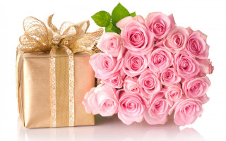 Gift box pink roses white 2 - a gold ribbon free wallpaper