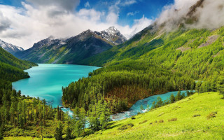 Mountain lake green trees cloudy 6 - a few cloud free wallpaper for desktop