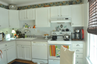 Kitchen white cabinets stove window - blind free wallpaper