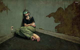 Woman sitting floor hands crossed - free cyberpunk wallpaper