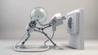Robot holding light bulb wall - cybernetic free wallpaper for desktop