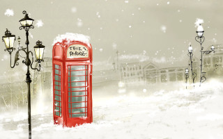 Red phone booth snow street - plein air free wallpaper