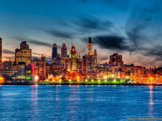 City skyline lake night lights 2 - free city wallpaper for desktop