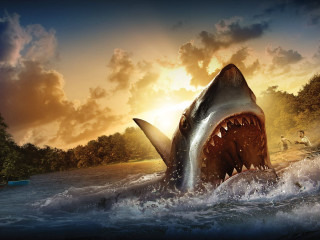 Shark open mouth boat background - a man in a boat free wallpaper