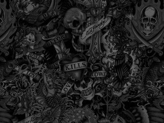 Skulls guns banner gothic detailed - a detailed drawing free wallpaper for desktop