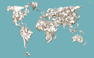 World map animals blue background - illustration free wallpaper for desktop