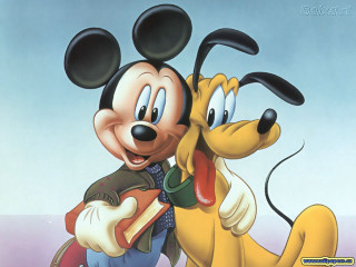 Mickey mouse hugging dog blue - a blue sky background behind free wallpaper