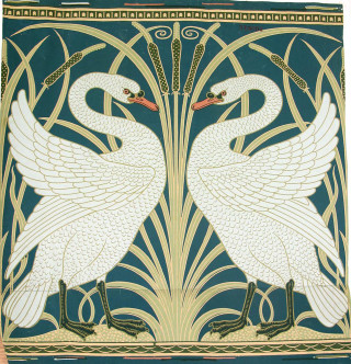 Swans blue background gold border - a painting free wallpaper for tablet