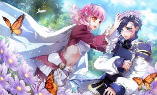 Anime characters field flowers butterflies 2 - above them free wallpaper