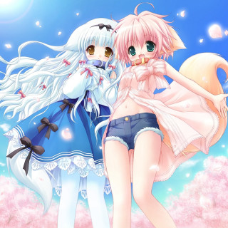 Anime girls field flowers blue 2 - detailed free wallpaper for tablet