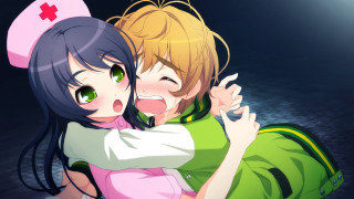 Anime characters hugging red cross - their chest free wallpaper