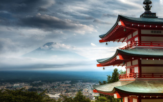 Tall red building mountain background - japan eishōsai chōki free wallpaper