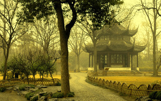 Pagoda park path trees yellow - cao buxing free wallpaper