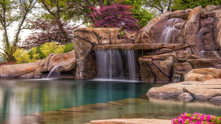 Waterfall pool rocks flowers garden - a garden area free wallpaper for desktop