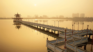 Bridge water building yellow sky - cao buxing free wallpaper