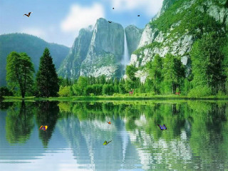 Mountain lake waterfall birds forest 2 - a mountain lake free wallpaper