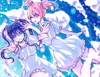 Anime girls dresses blue background - snow flake free wallpaper