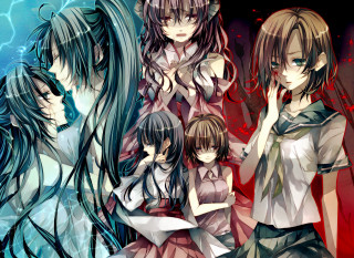 Anime girls red background lightning - gapmoe yandere grimdark free wallpaper