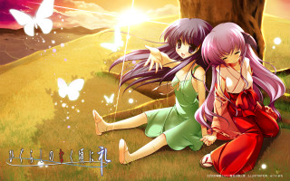 Anime girls butterflies tree sky - butterfly free wallpaper