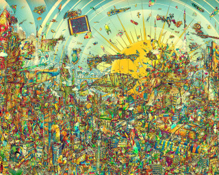 Colorful city painting sun sky - kinetic pointillism free wallpaper for desktop