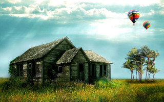 House field hot air balloon 4 - a house in a field free wallpaper