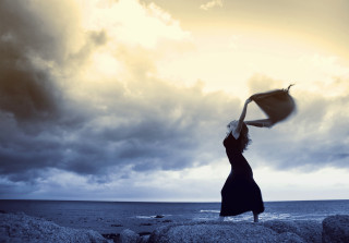Woman rock umbrella cloudy sky - brooke shaden free wallpaper