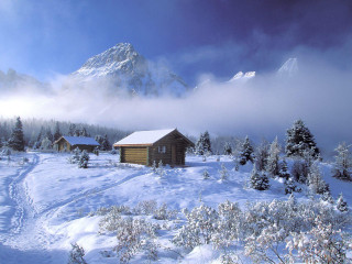 Cabin snowy field trees mountains - tree and mountains free wallpaper