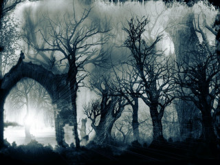 Creepy forest arch building painting - a painting of a forest free wallpaper