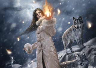 Woman fireball wolves snow night - fantasy artwork free wallpaper