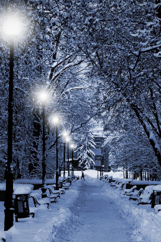 Snowy path bench streetlight clocktower - free winter wallpaper for mobile