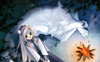 Girl long hair wolf head - a fire pit free wallpaper for desktop