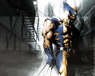 Man blue yellow costume sword - his hand and a building in the background free wallpaper for desktop