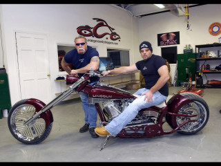 Two men motorcycle garage standing - airbrush free wallpaper