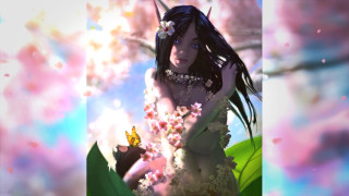 Woman white dress holding butterfly - her hand and a flower free wallpaper