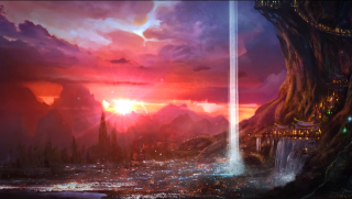 City giant tree light beam - a painting of a city free wallpaper