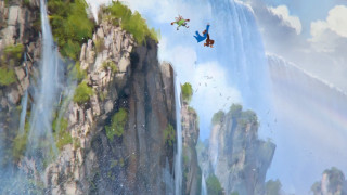 Waterfall man flying rainbow sky - a painting of a waterfall free wallpaper