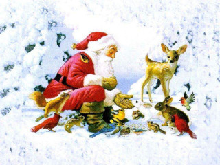 Santa claus sitting snow animals - a deer free wallpaper