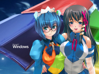 Anime girls rainbow umbrella windows - two anime girl free wallpaper