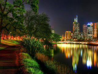 City skyline night lake trees 8 - a lake in front free wallpaper for desktop