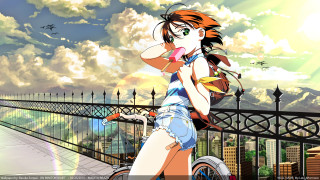 Woman riding bike bridge sky - a bike free wallpaper