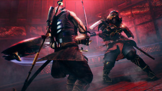 Two men armor swords dark - a red light behind them free wallpaper