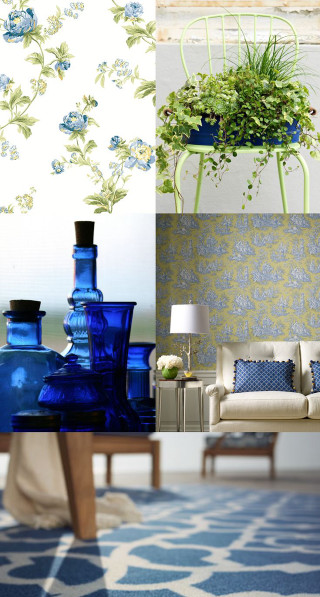 Blue vases couch wallpapered wall - a collage free wallpaper for mobile
